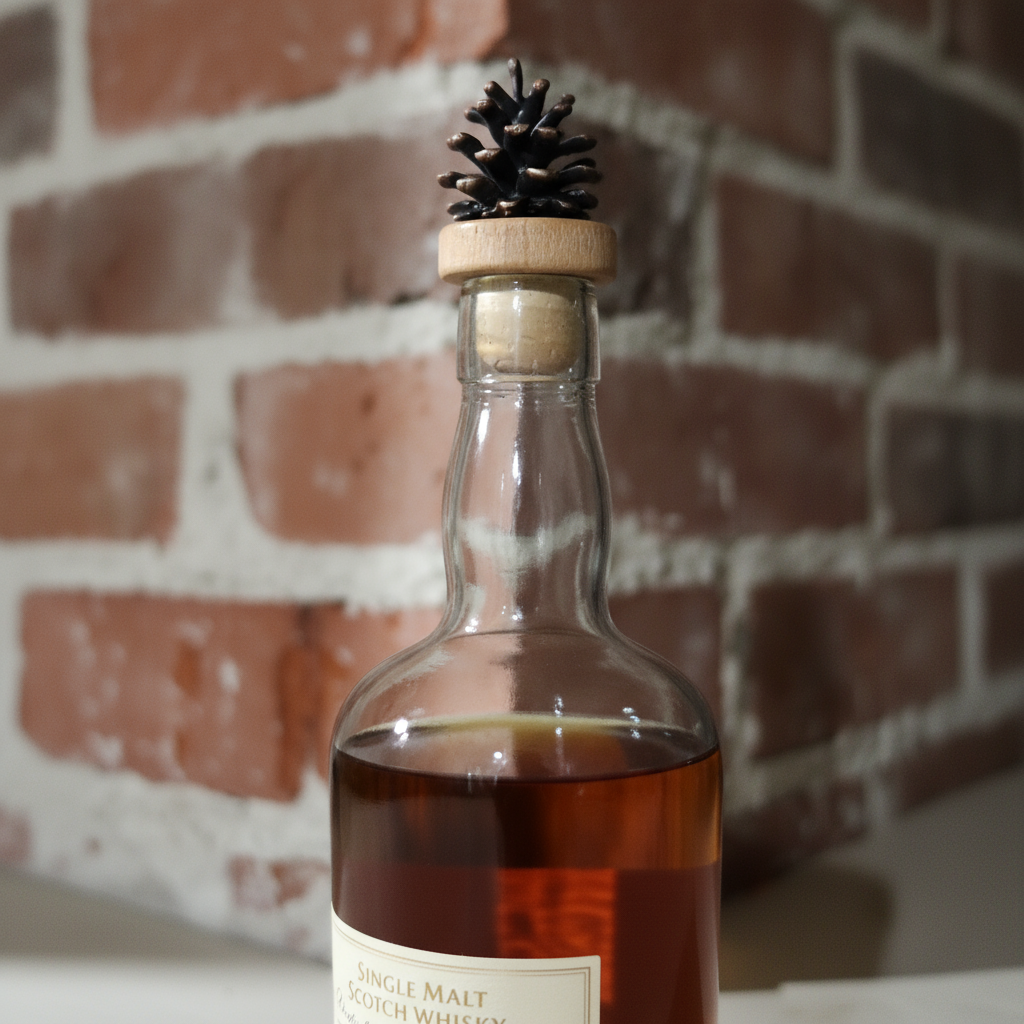 A bronze bottle stopper with a lodgepole cone design on top, placed on a kitchen countertop.