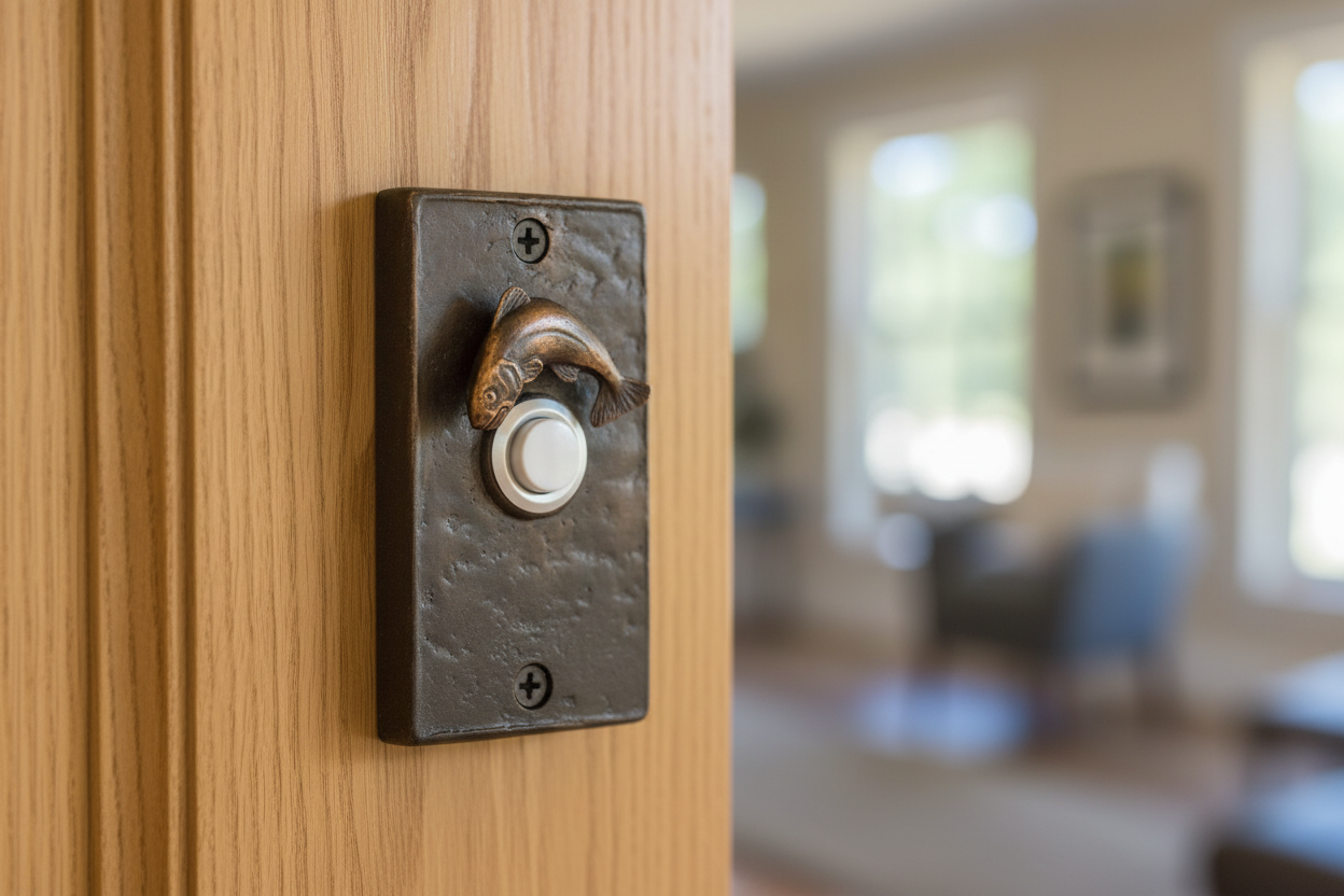 Bronze rectangle doorbell with bronze trout and lighted pushbutton