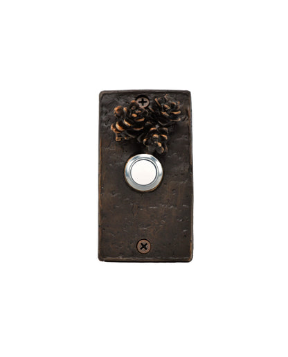 Rectangular Bronze doorbell with three Hemlock pines cones - traditoinal patina