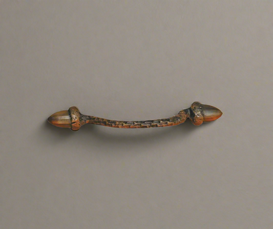 4" solid bronze branch handle with 2 horizontal acorns. Traditional patina has red undertones.a