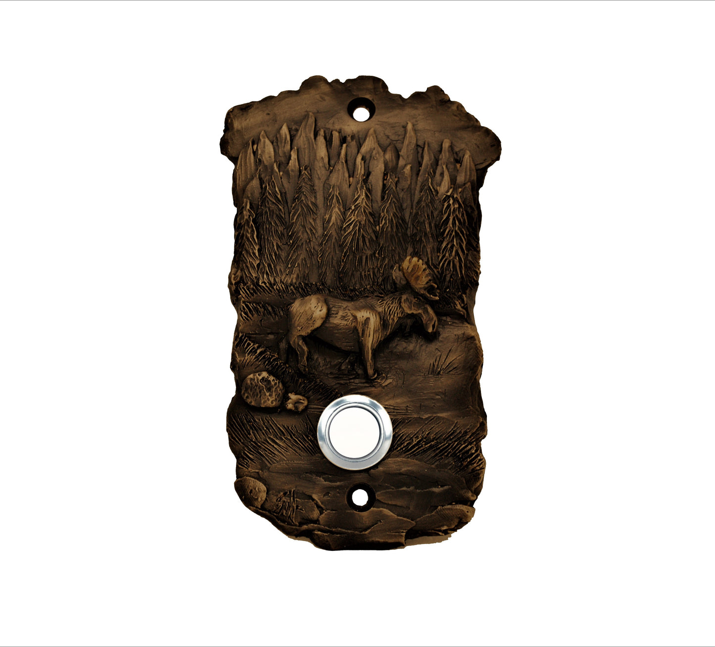 Scenic moose doorbell on bronze backdrop