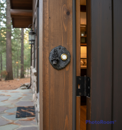 Bronze log end doorbell with a bronze morel mushroom