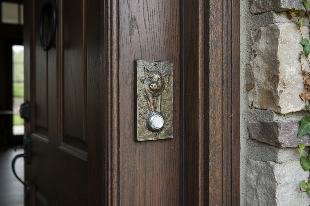 Rectangle bronze pig doorbell with lighted pushbutton.
