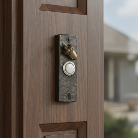 slim narrow bronze doorbell with bronze acorn