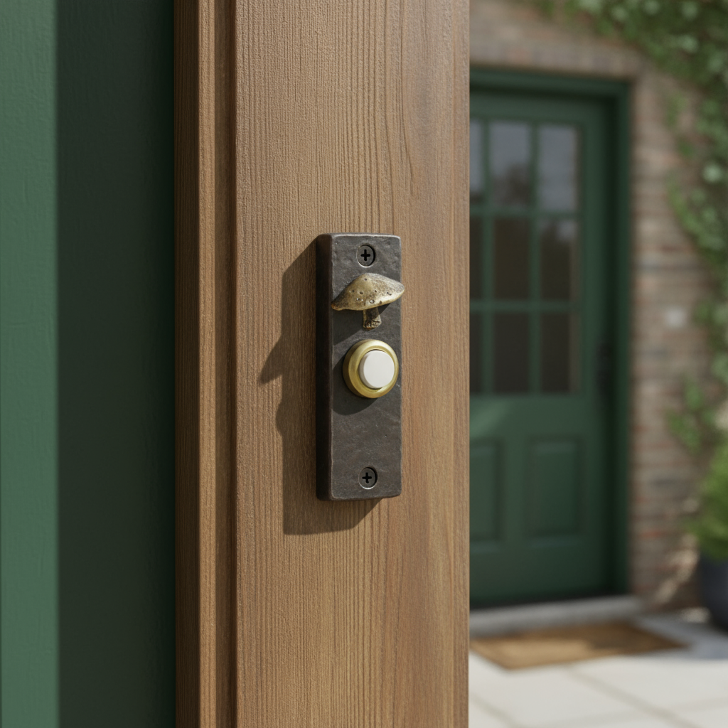 Slim bronze doorbell with bronze toadstool and gold push button.
