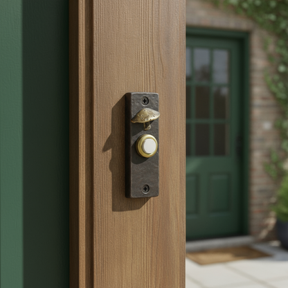 Slim bronze doorbell with bronze toadstool and gold push button.