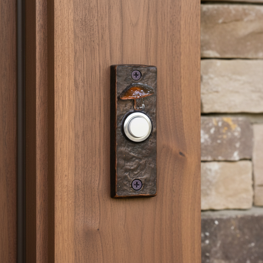 Slim bronze doorbell with bronze toadstool and silver push button.
