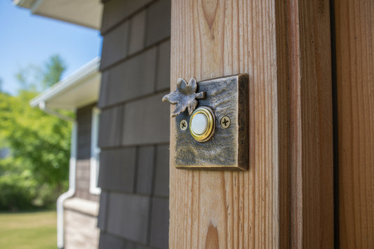 square bronze doorbell with bronze maple leaf