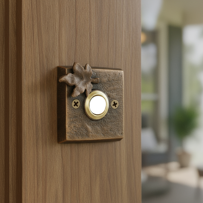Square bronze doorbell with bronze maple leaf