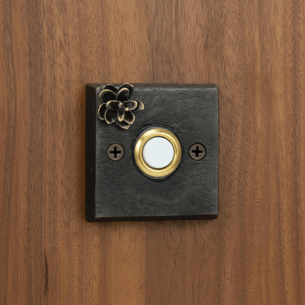1/4" thick bronze square doorbell with bronze Western hemlock cone and gold push button.