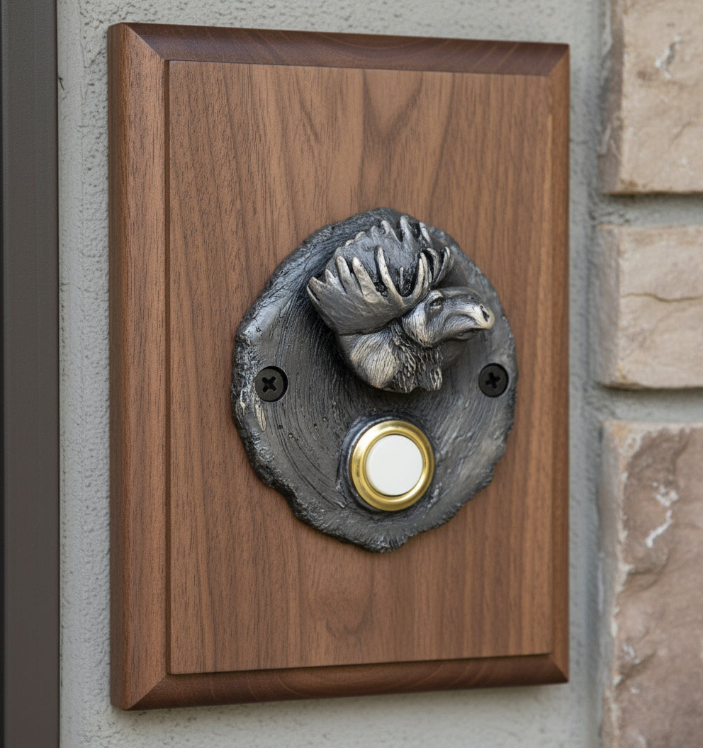 Bronze log end doorbell with bronze moose head, gold doorbell push button