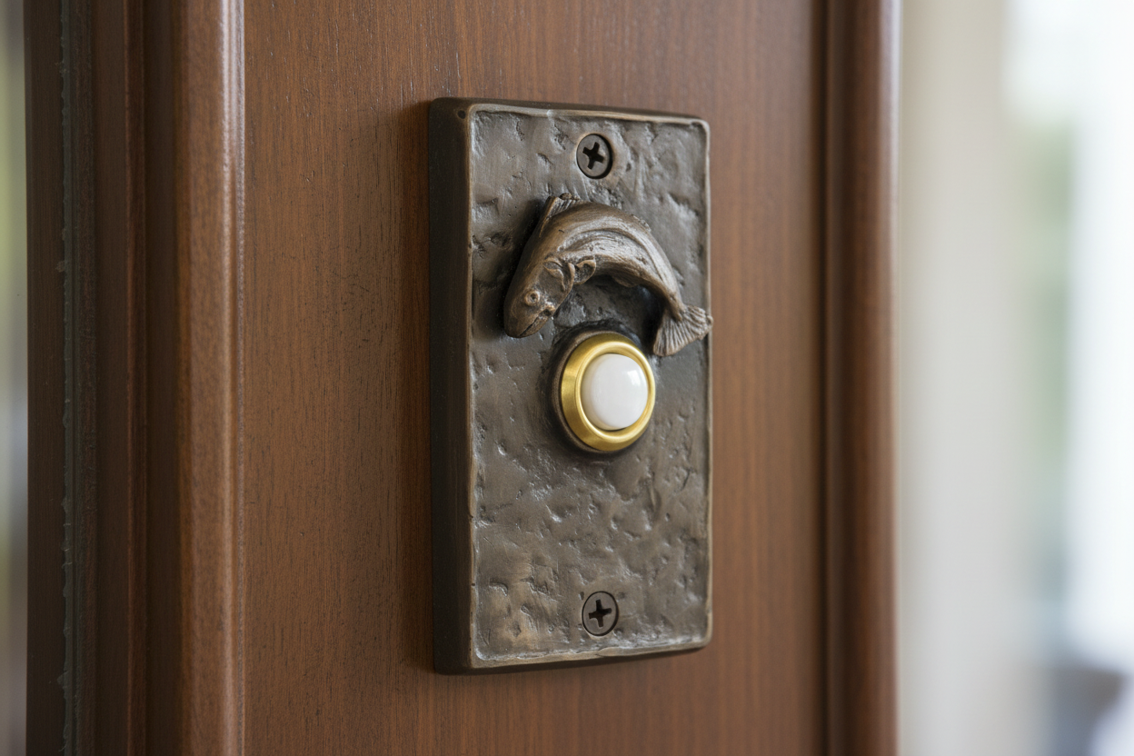 Bronze rectangle doorbell with bronze trout and lighted pushbutton