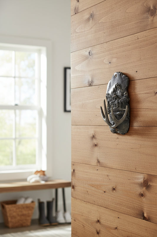 Bronze scenic mountain base plate with bronze antler hook