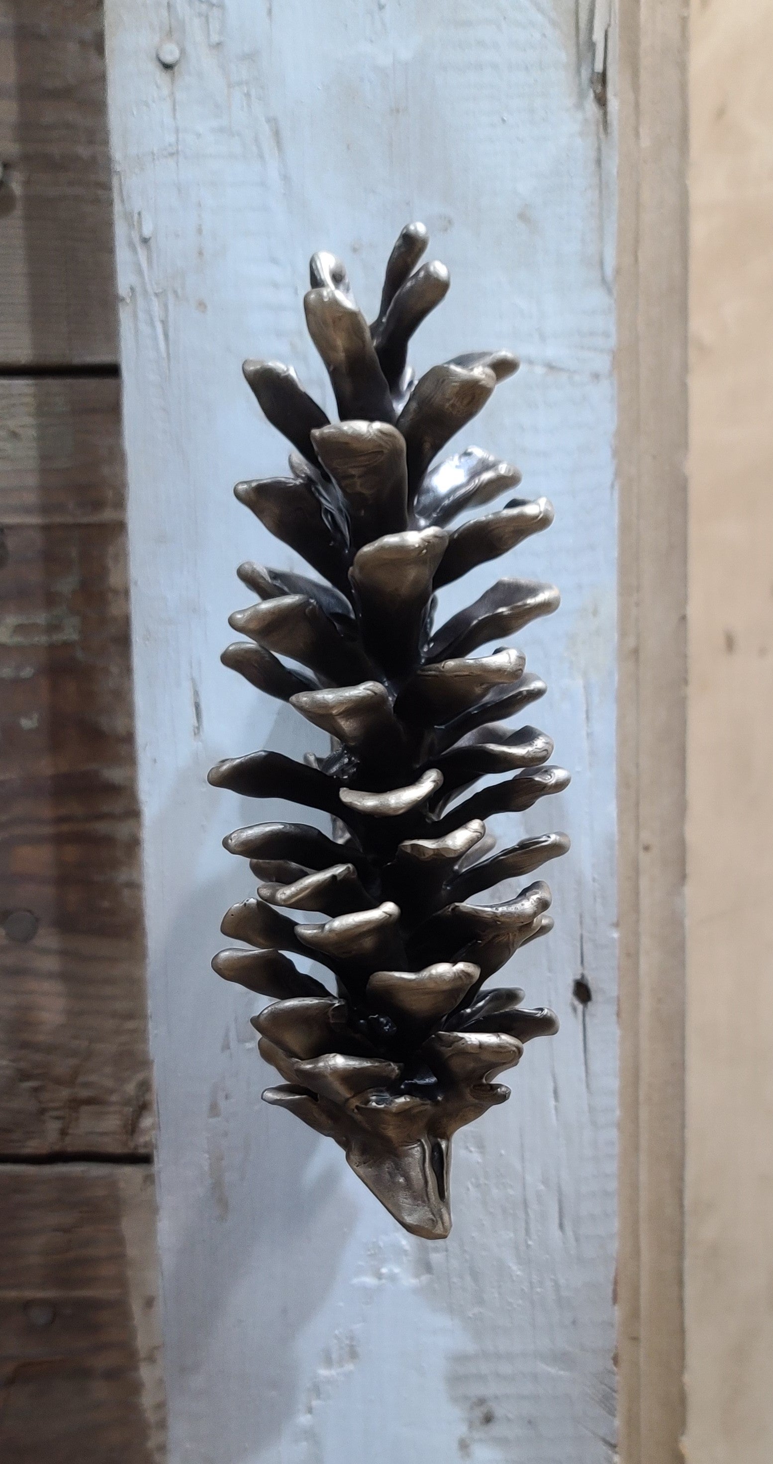 Bronze door knocker, white pine cone