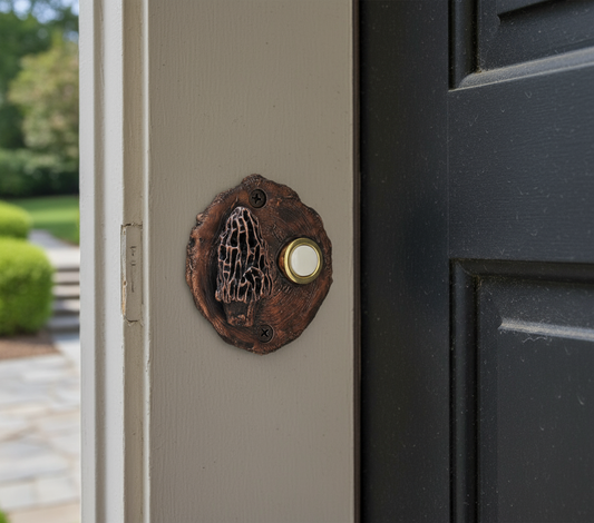 Bronze log end doorbell with bronze morel mushroom