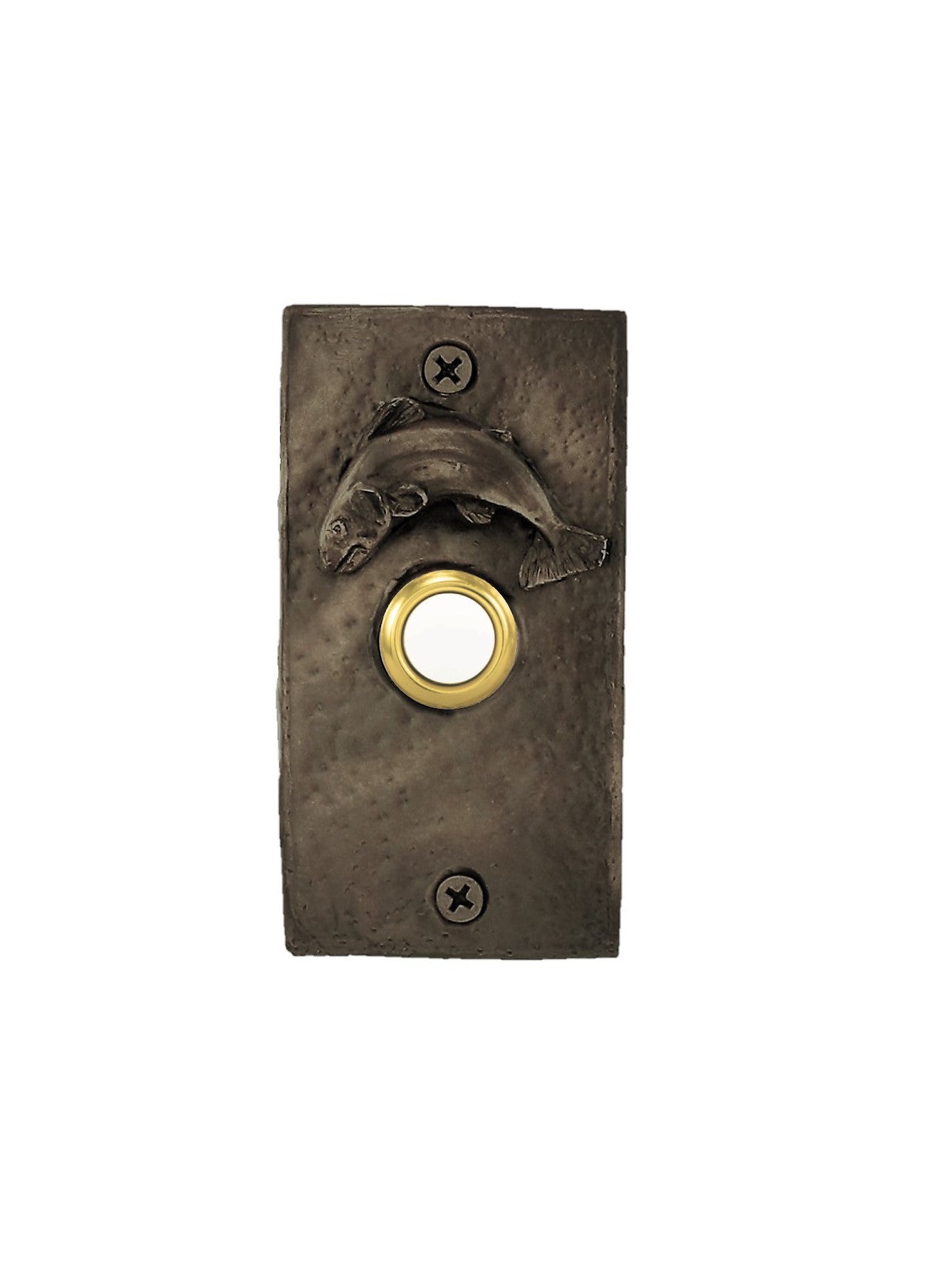 Doorbell plate is bronze, has a trout on top portion