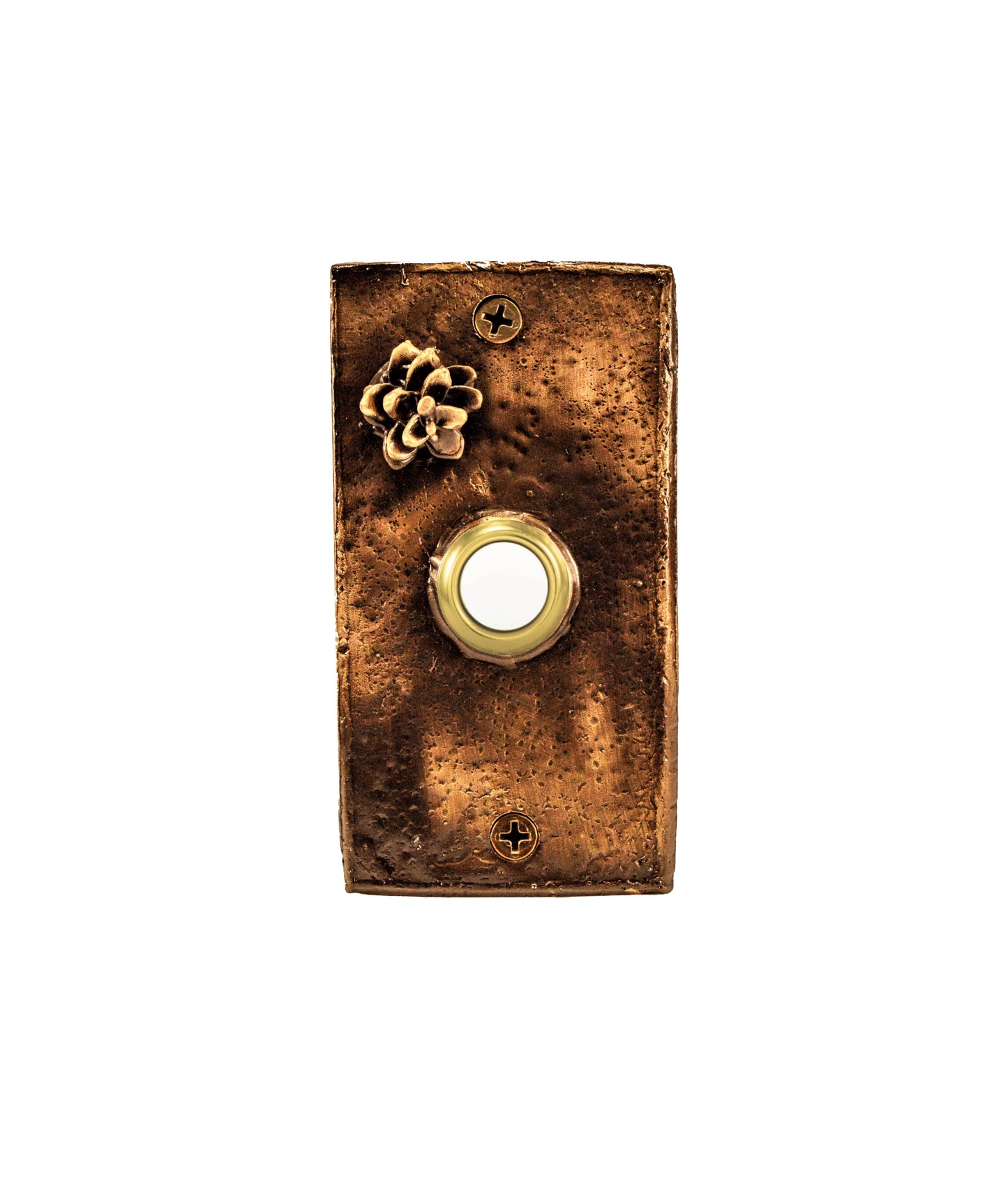 Rectangular Western Hemlock Pine Cone Doorbell - solid Bronze - traditional patina