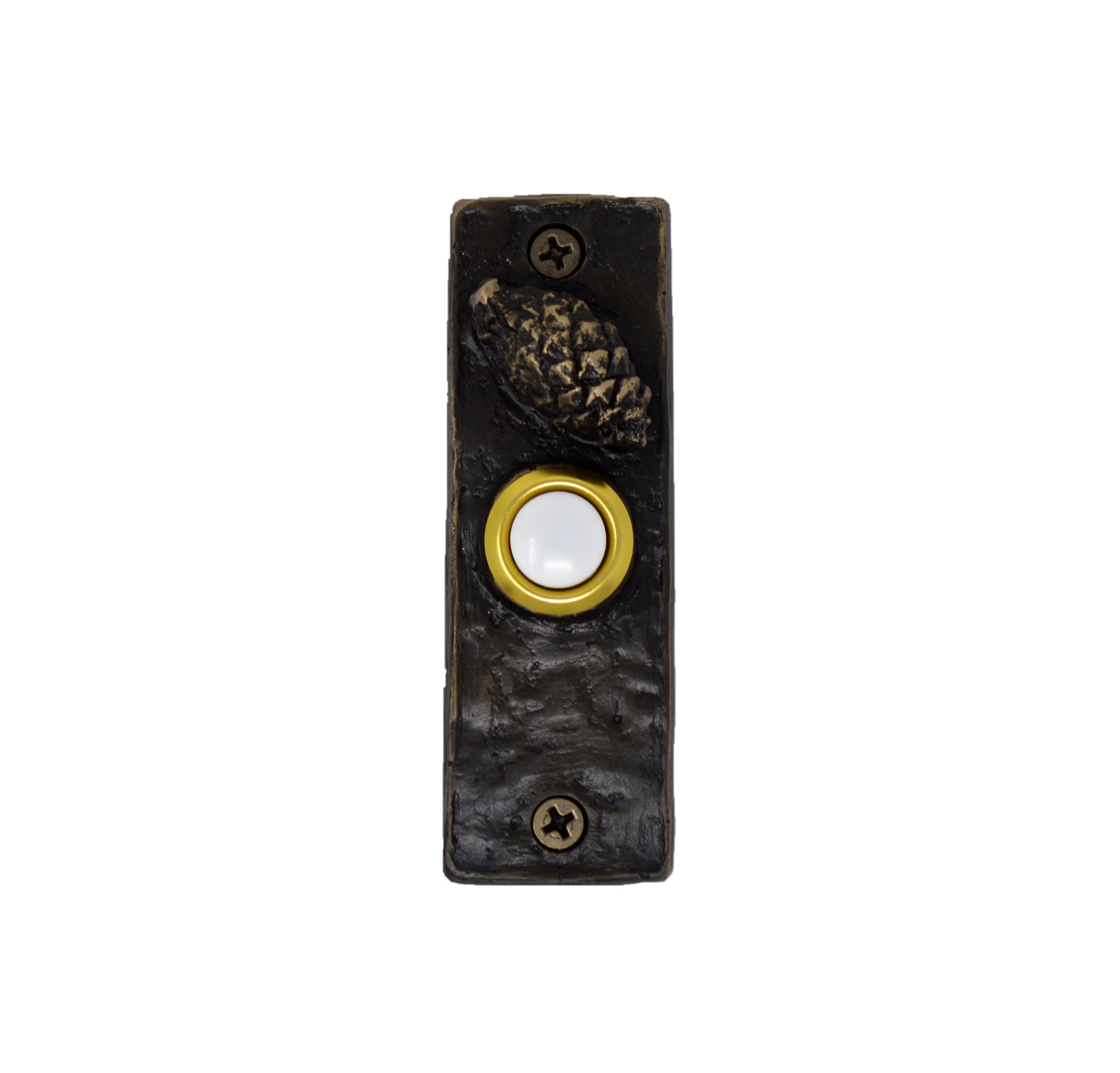 Slim bronze doorbell with Lodgepole pine cone