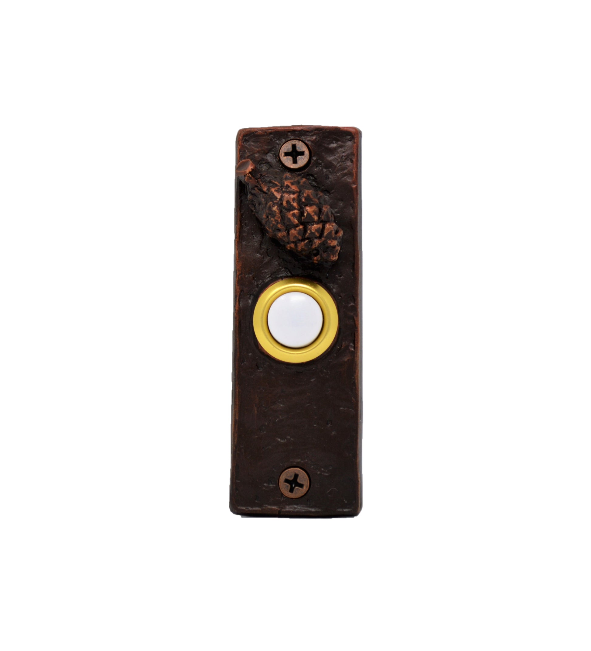 Slim bronze doorbell with Lodgepole pine cone - traditional patina