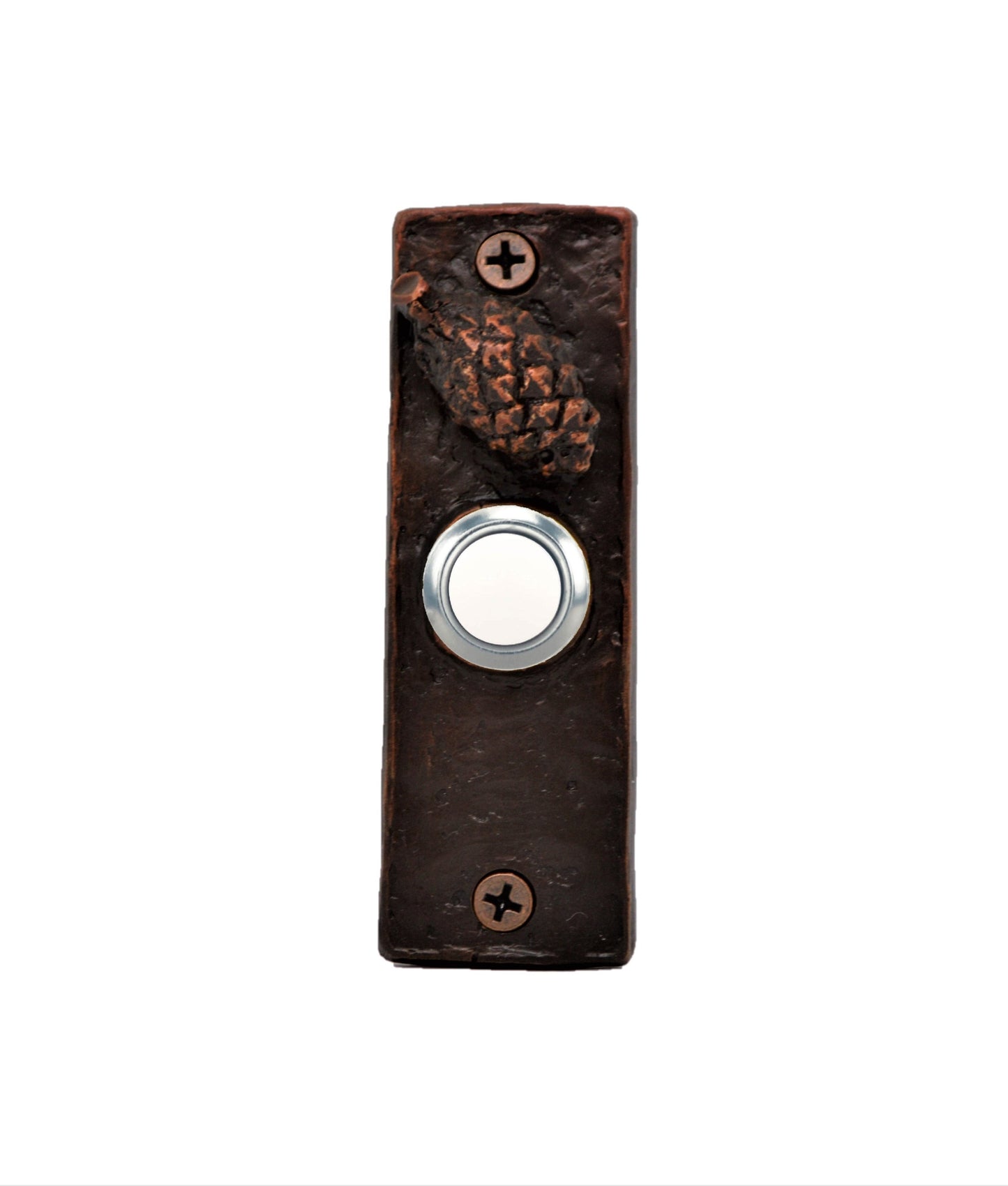 Slim bronze doorbell with Lodgepole pine cone - patina