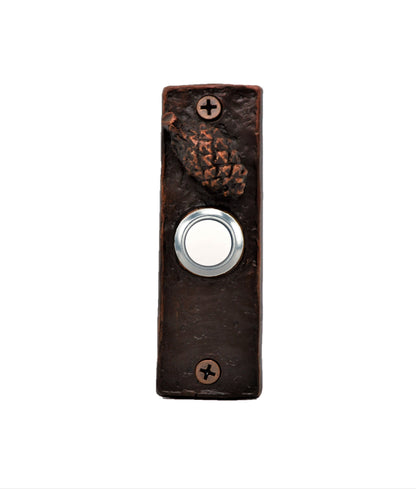 Slim bronze doorbell with Lodgepole pine cone - patina