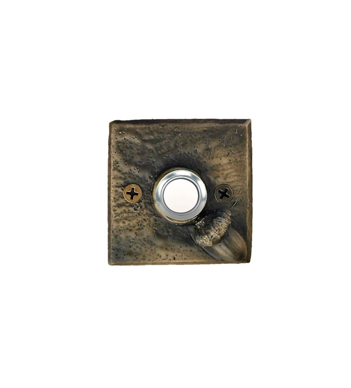 Square bronze doorbell plate with acorn in lower right corner