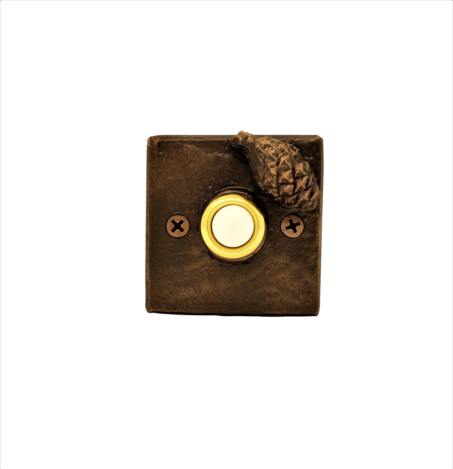 Square Lodgepole Pine Cone Doorbell made from bronze