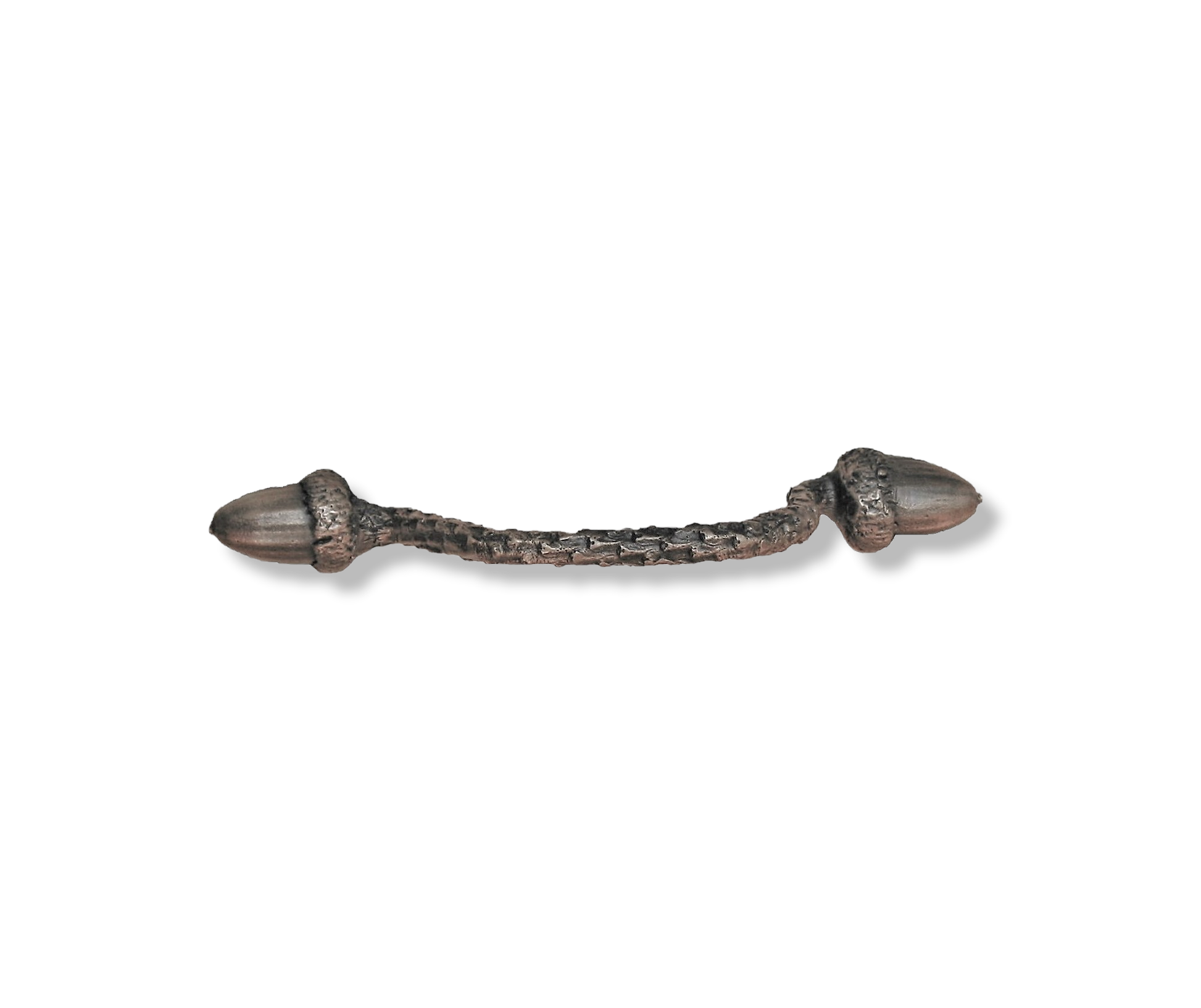 4" Bronze branch handle with two acorns. Basic patina has gold undertones