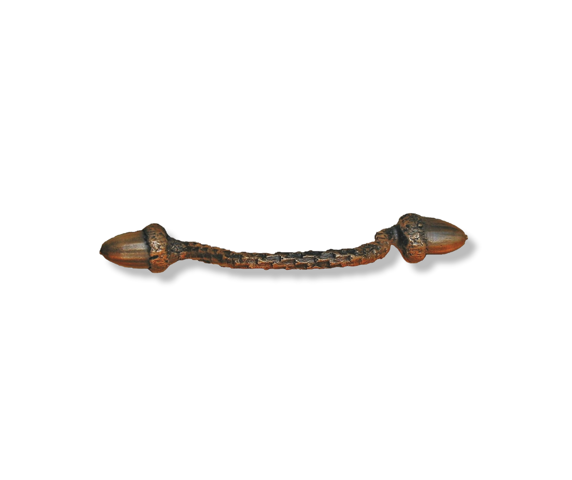 4" solid bronze branch handle with 2 horizontal acorns.  Traditional patina has red undertones.a