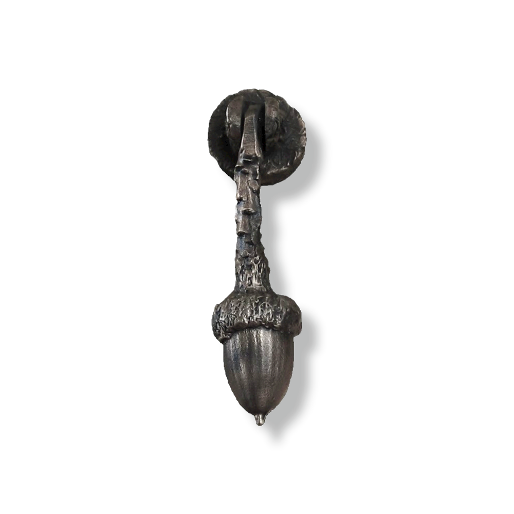 Bronze cabinet hanging hinged pull with one acorn on the end of a branch.