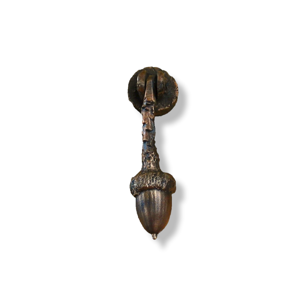 Bronze cabinet hanging hinged pull with one acorn on the end of a branch. Traditional patina