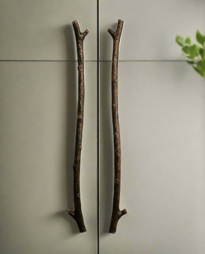 Bronze, rustic, willow branch appliance handles. 32 inches, traditional patina (reddish brown hues).