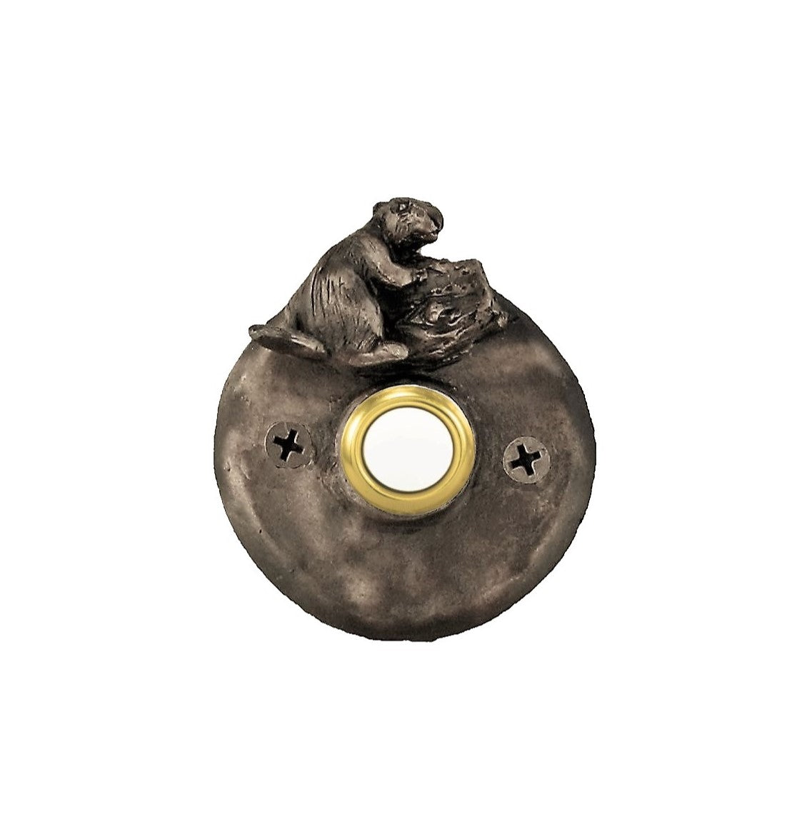 Round bronze doorbell with beaver gnawing a tree branch
