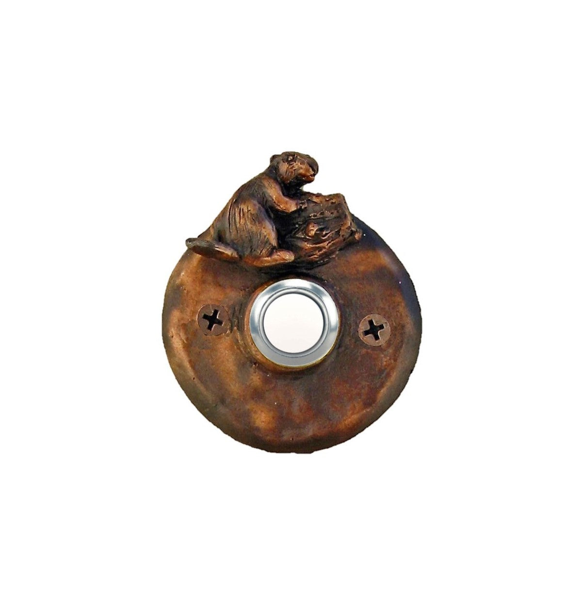 Round bronze doorbell with beaver gnawing a tree branch - traditional patina