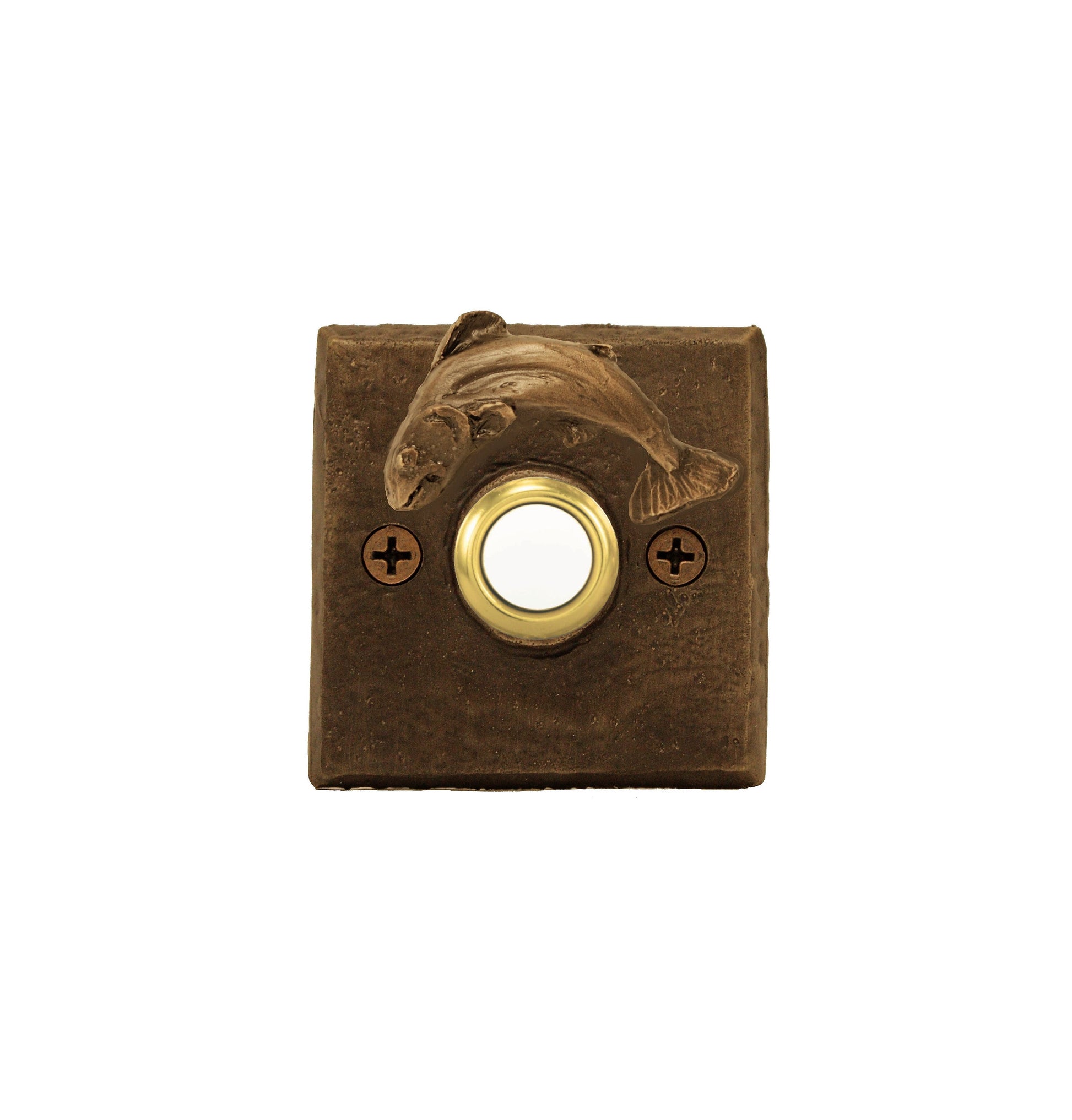 Square doorbell with trout - solid bronze - patina